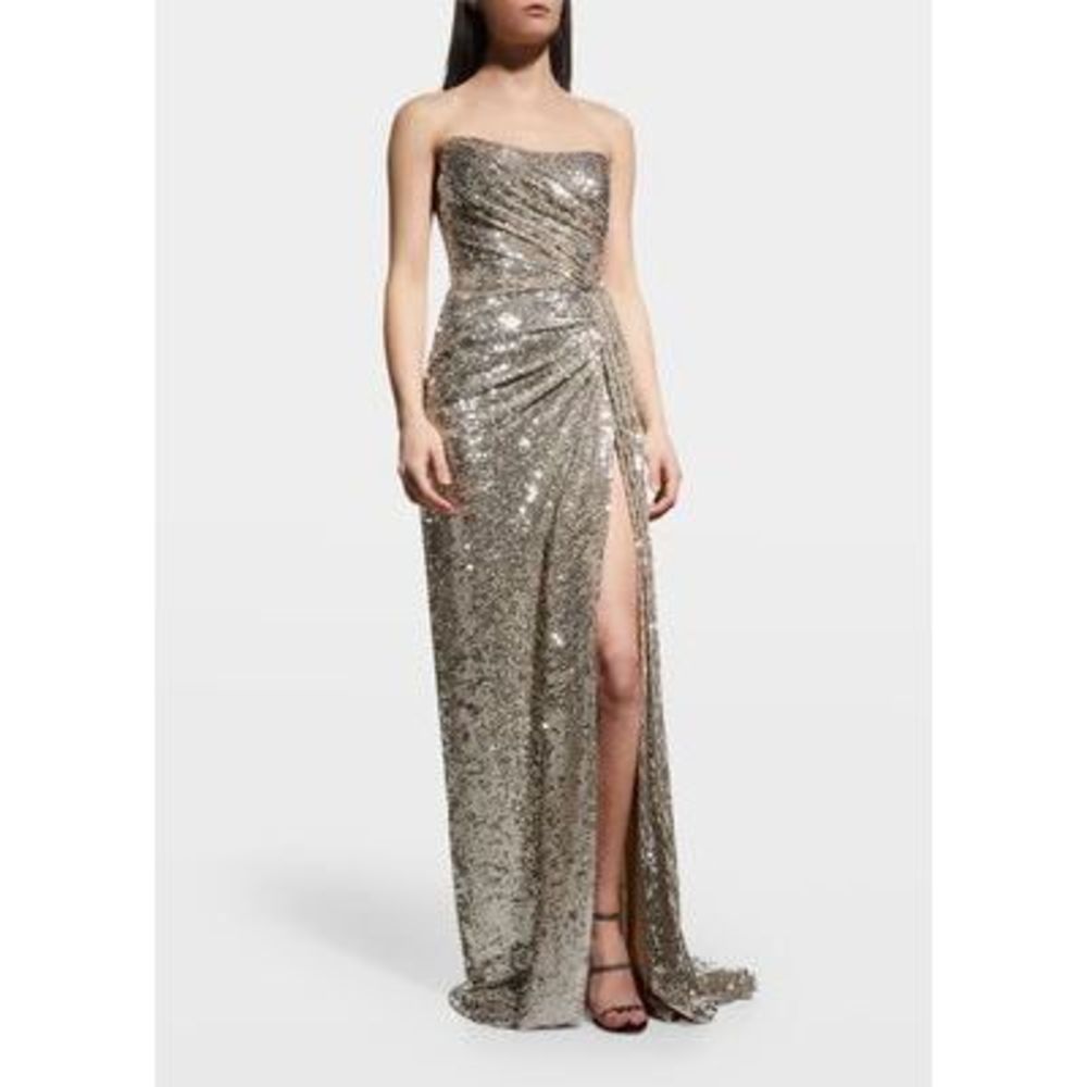 Monique Lhuillier Strapless Sequin-Embellished Draped Gown